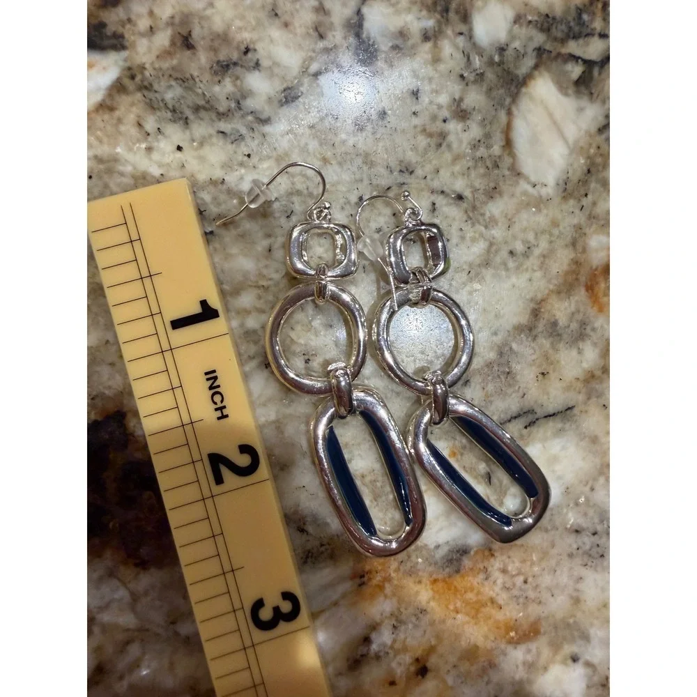Chicos Silver Tone Navy Blue Enamel Geometric Link Drop Earrings French Wire